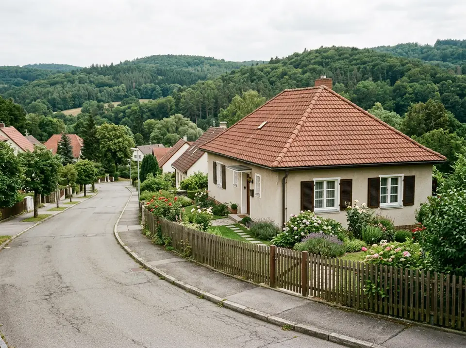 Földszintes, cseréptetős családi ház kerítéssel, lejtős utcában, háttérben dombokkal